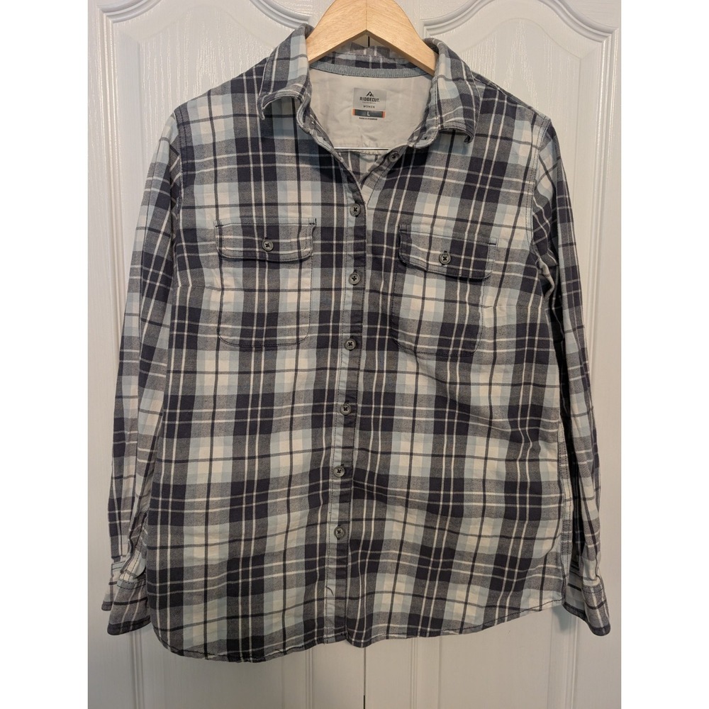 Women's Ridgecut Toughwear Blue Gray Plaid Button Long Sleeve Flannel Shirt Sz L